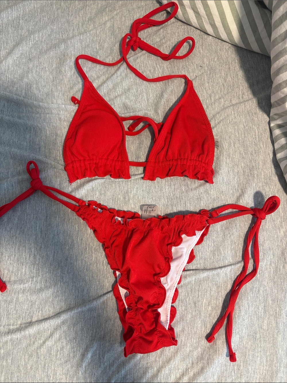Red Ribbed Tie-Side Bikini Set